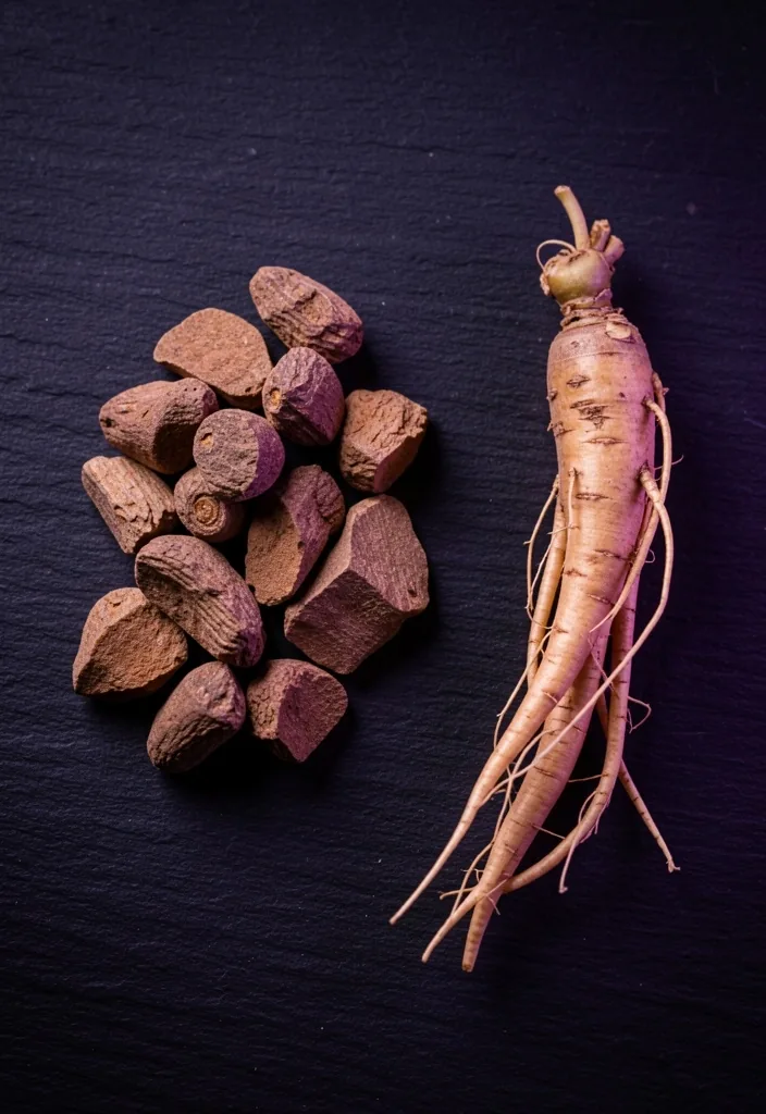 Ginseng root macro on dark stone