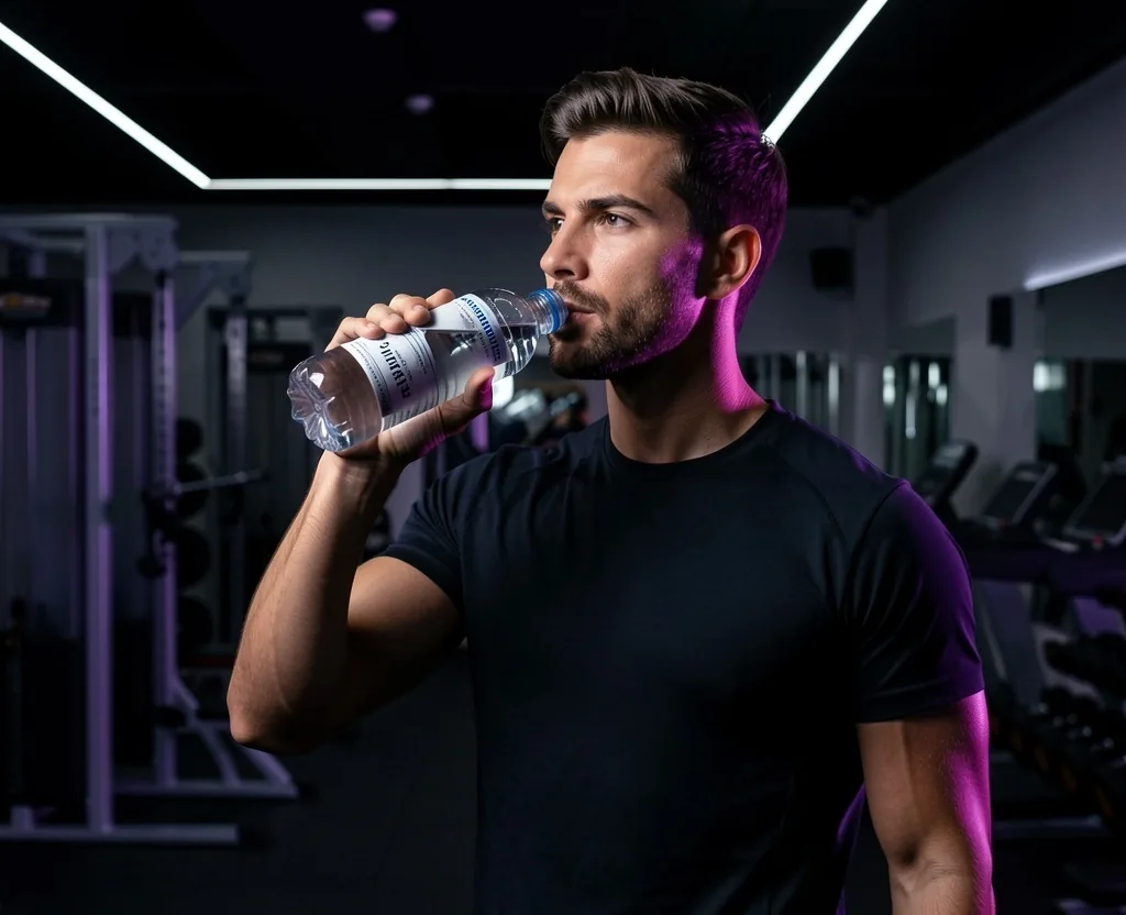 Man hydrating in a dim modern interior