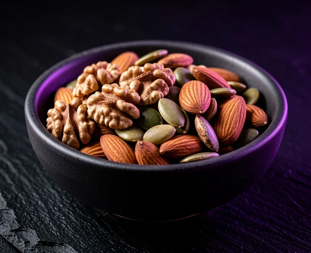 Nuts and seeds in a dark bowl
