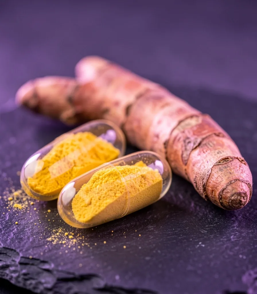 Natural supplement capsules and botanical ingredients on a dark surface