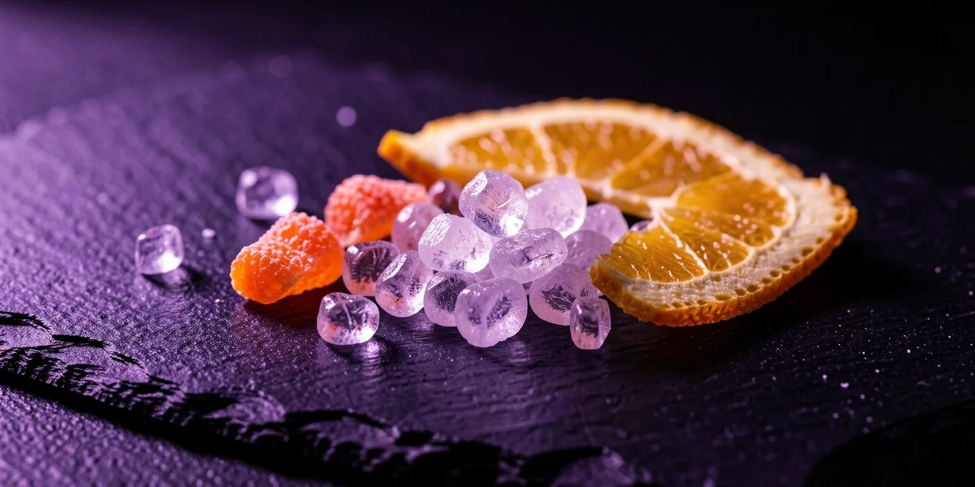 Vitamin C crystals and citrus elements on a dark surface
